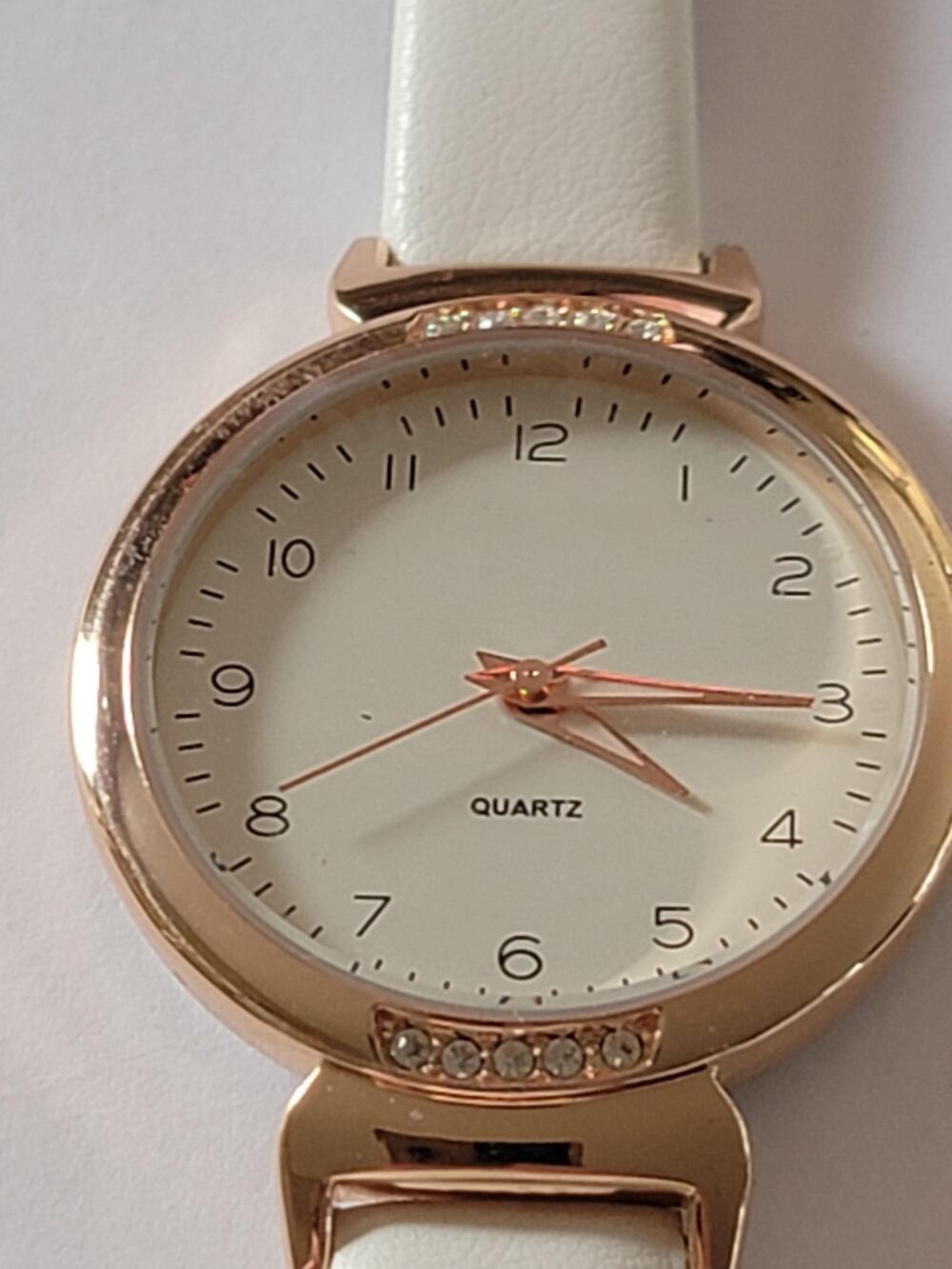 Womens Watch White Dial Rose Gold Case White Faux Leather Strap Gemmed Quartz
